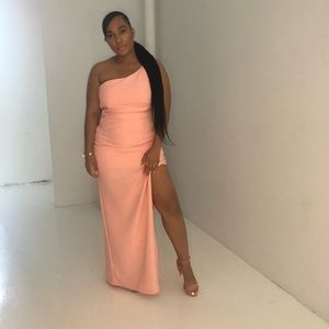 Peach sexy side slit wedding guest dress
